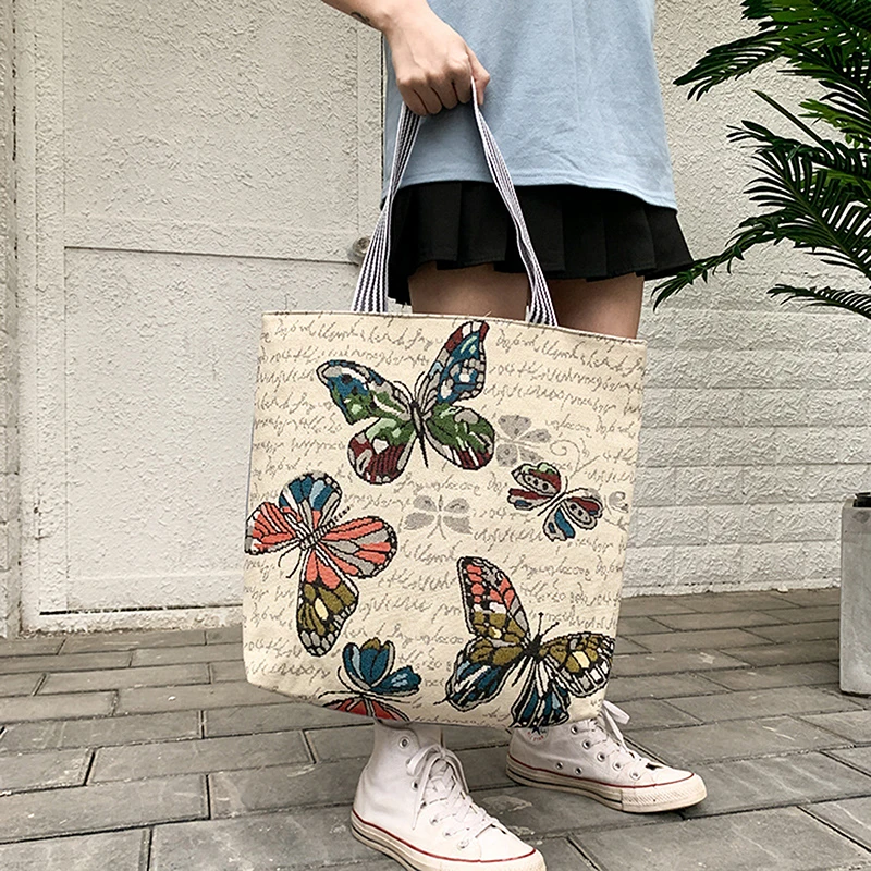 

Large Capacity Floral Printed Handbag Women Shoulder Bag Canvas Summer Beach Bag Daily Use Female Reusable Shopping Bag Lady