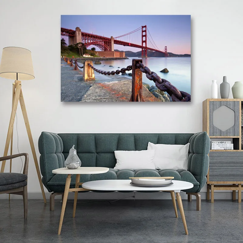 

Night view of golden Gate Bridge Canvas Painting Modern Grey Gold Wall Art Posters and Prints Pictures For Living Room Home