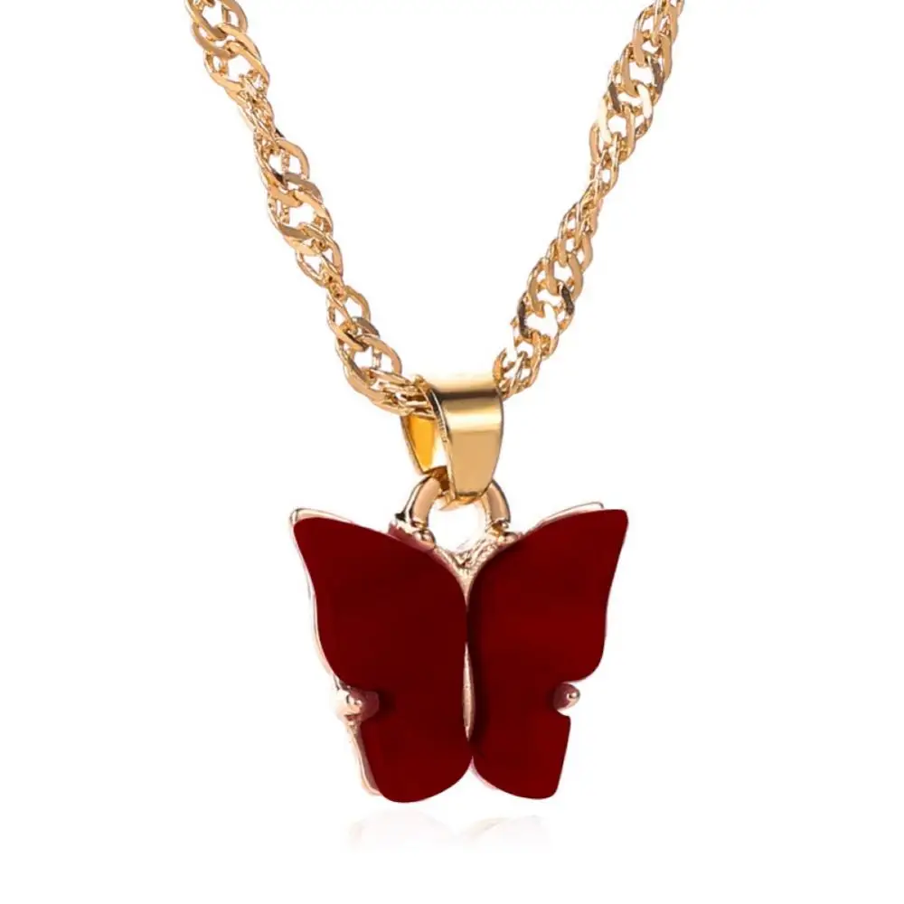 

80% Hot Sale Acrylic Women Sweet Solid Color Rhinestone Butterfly Pendant Fine Workmanship Durable Chain Necklace Gift