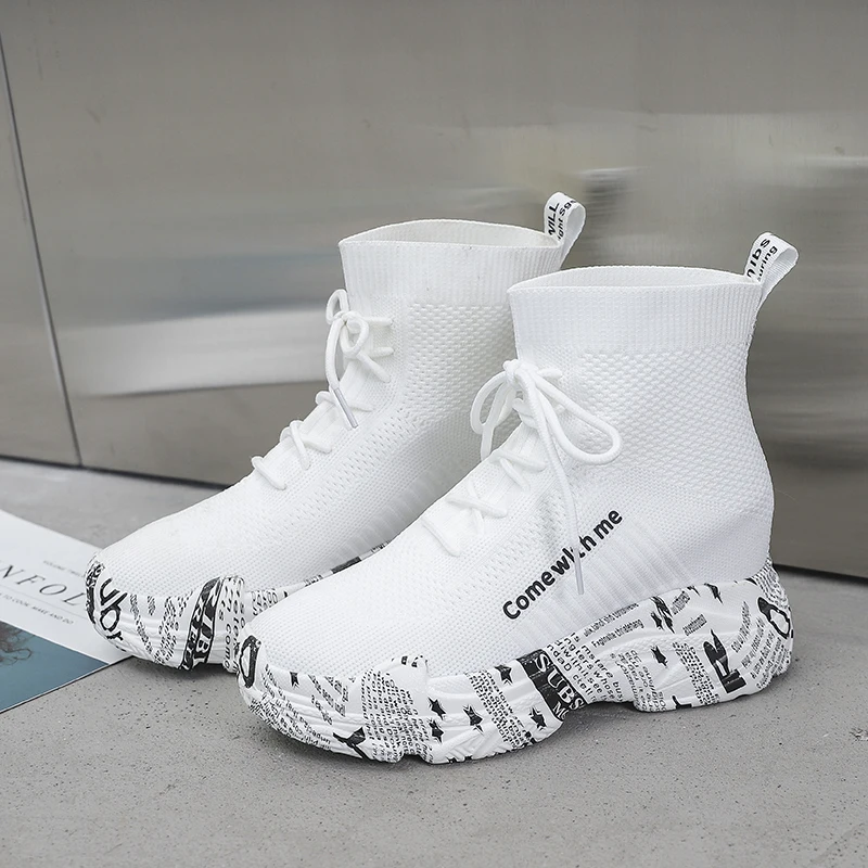 

Platform sneaker women Breathable Knitted Chunky Sneakers Women Solid Wedge Shoes Woman Thick Bottom High Top Shoes Female