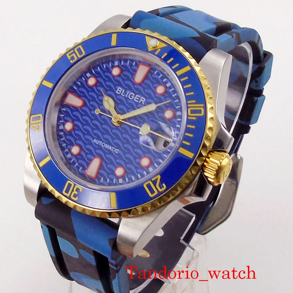 

40mm Bliger Automatic Mens Blue Dial MIYOTA 8215 Watch Luminous Marks Rubber Strap Ceramic Insert Rotating Bezel