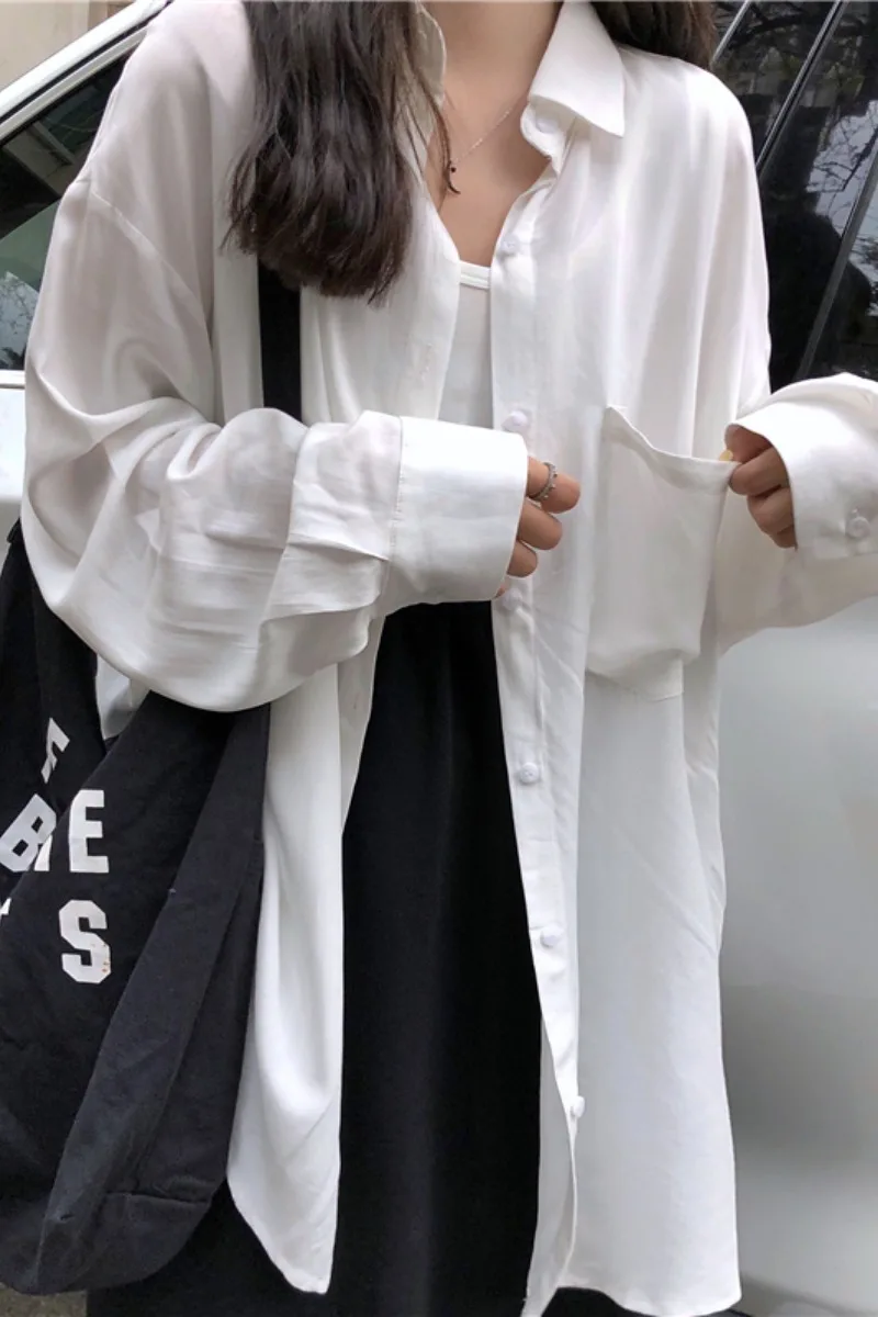 

GOOHOJIO Long Sleeve Tops Women Casual Loose Shirts Lapel Blouses Fashion White Blouses Long Style Sunscreen Shirts Women Thin