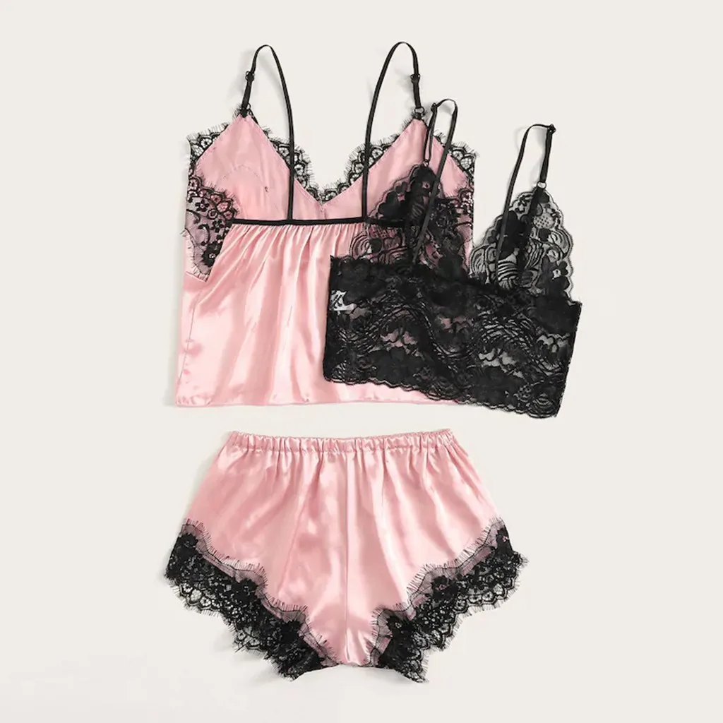 

3PC New Women Lace Stain Lingerie Camisole Wireless Bra Shorts Thong Pajamas Set pijama mujer pizama damska cd