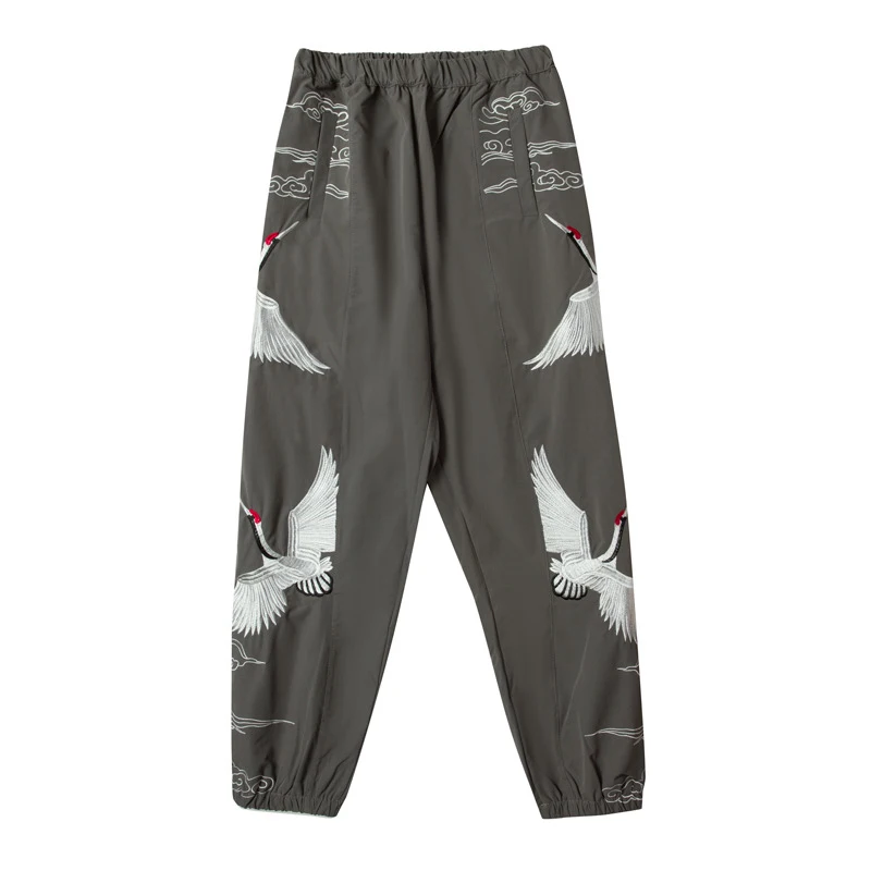 

Vintage Pants Japanese Traditional Clothes for Men Crane Embroidery Street Wear Plus Size Summer Retro Trousers Harajuku Style