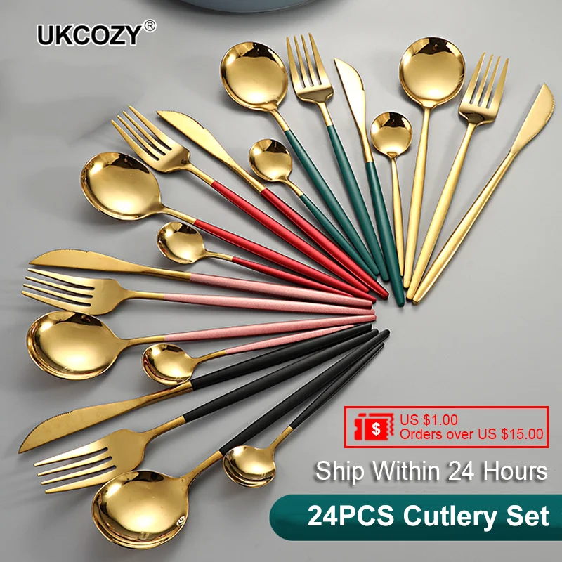 

24Pcs/set Stainless Steel Dinner Black Gold Dinnerware Set Knife Fork Coffee Spoon Cutlery Set Kitchen Tableware Silverware Sets