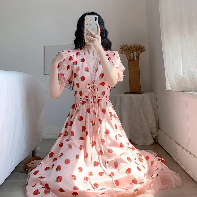 

Net Yarn Summer New Women'S Clothing Sexy V-Neck Belt Strawberry Hot Stamping Short Sleeve Party Mid-Length Dress