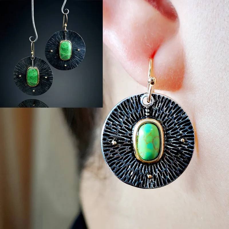 

European and American Vintage Creative Crystal Turquoise Dichroic Earrings Silver-Plated Ethnic Style Earrings Women's Jewelry