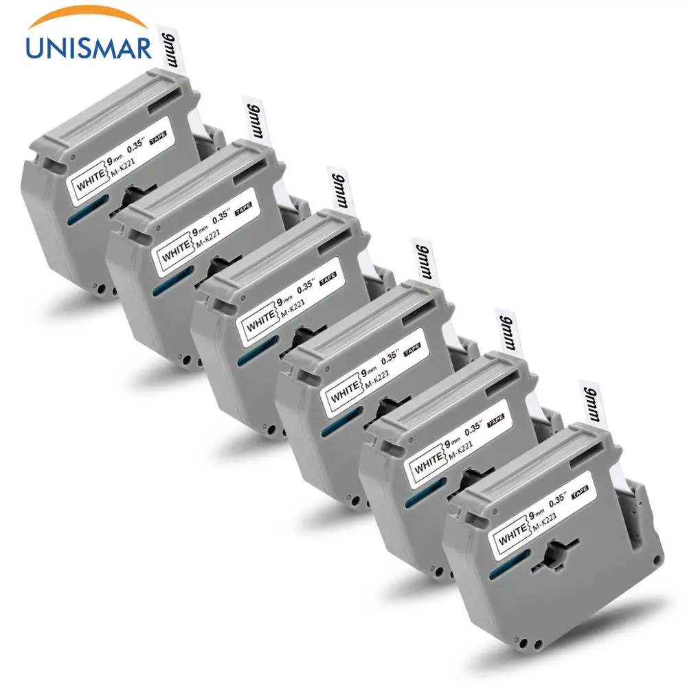 Unismar 6 шт. 9 мм этикеточная лента MK221 MK 221 черного цвета на белом фоне для Brother PT 65 70 80