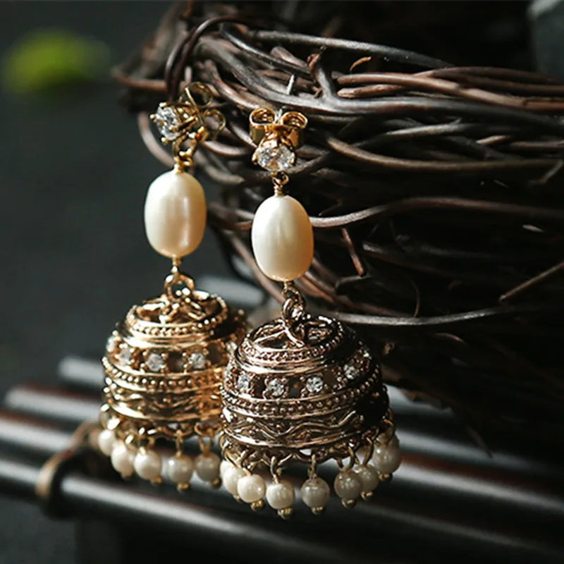 Bebeoso ретро этнические индийские Jhumka Jhumki серьги под старину золото Резные Лотос