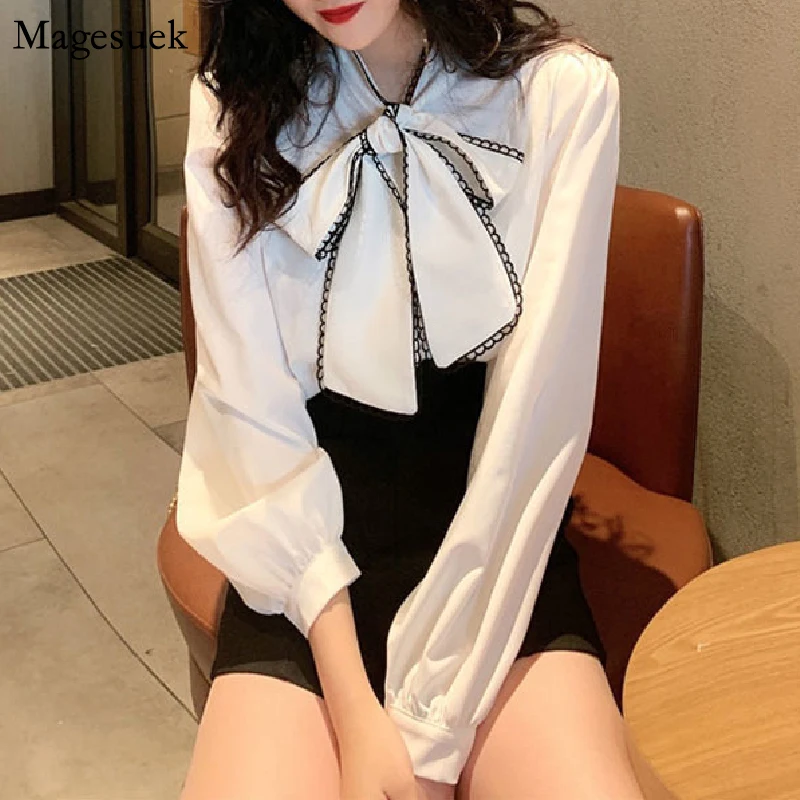 

Korean Vintage Loose Elegant Blouse Women Bow Long Sleeve Female Shirt White Blouses Fashion Office Lady Tops Blusas New 12983