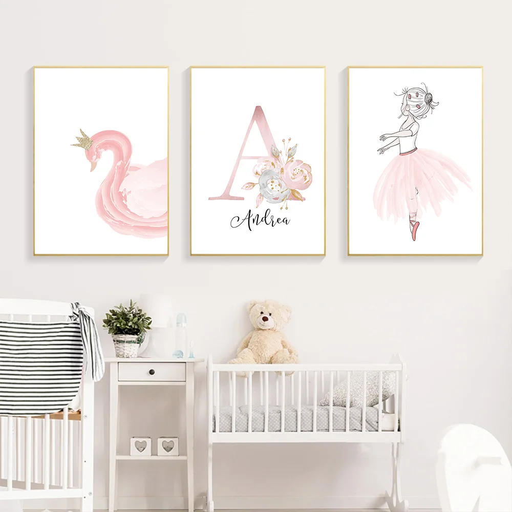 

Baby Posters Personalized Girl's Name Custom Poster Nursery Prints Pink Flowers Wall Art Canvas Painting Pictures For Girls Room