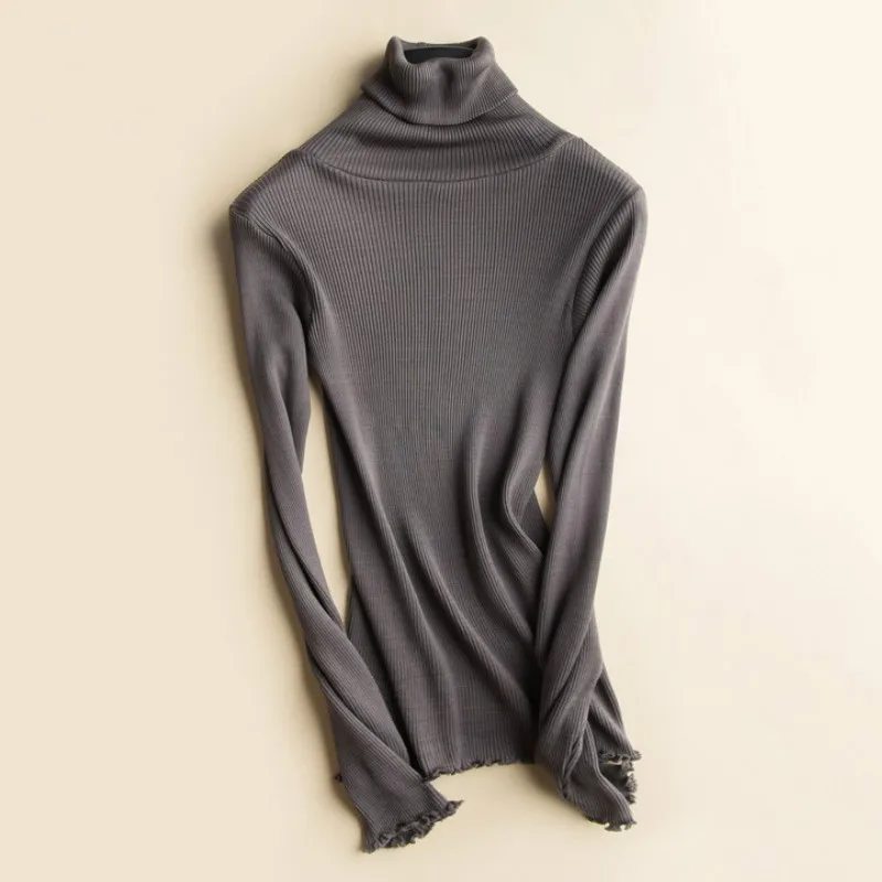 

50%Silk 50%Cotton Knit Rib Long sleeve tops for women 2020 Women Stretchy Base t shirt Turtleneck Pullover Silk under shirt