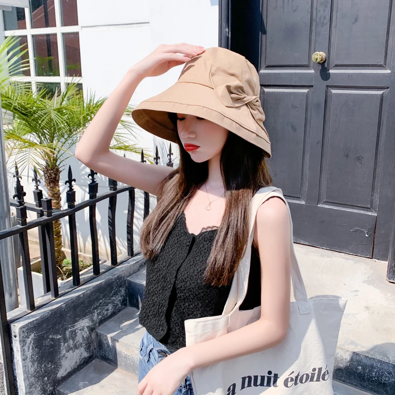 

Women Summer 100% Cotton Bow Fisherman's Hat Wide Brim Floppy Summer Hats For Women Beach Sun Hat Bucket Hat Femme Shade Hat