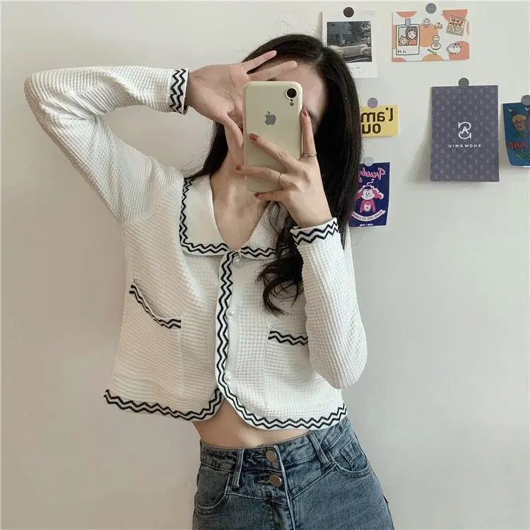 

Spring Autumn Cardigan Women Vintage Long Sleeve Turn-down Collar Single Breasted Fashion High Quality Knitted Sweaters M11