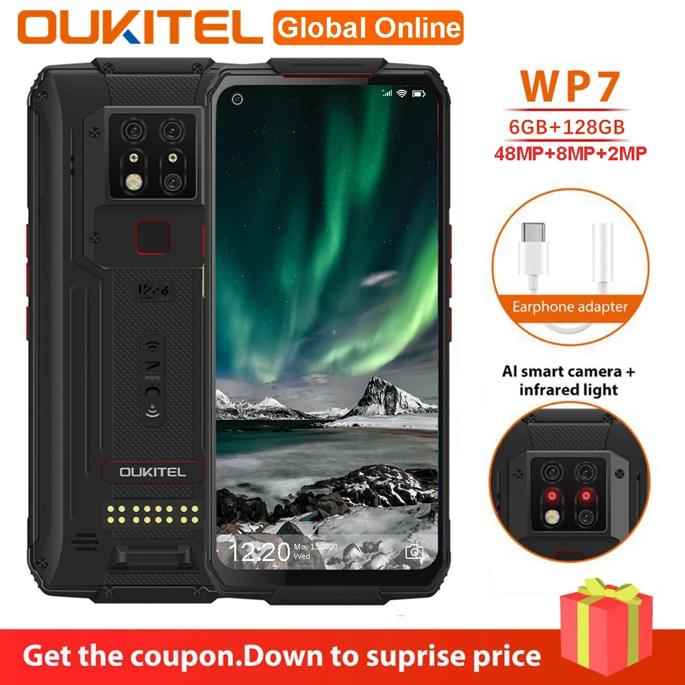 OUKITEL WP7 NFC IP68 смартфон 6 ГБ 128 Восьмиядерный 8000 мА/ч 48MP прочный Водонепроницаемый 53