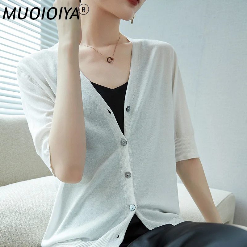 

Женский однобортный вязаный кардиган, повседневный мягкий свитер с коротким рукавом и V-образным вырезом, весна-лето-осень