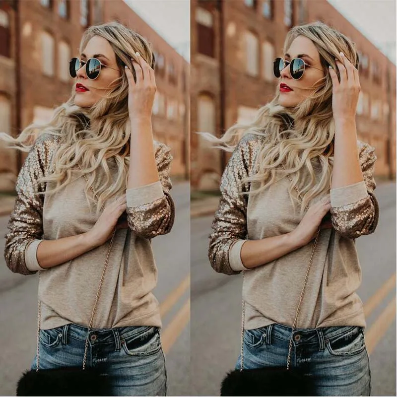 

Women Sequined Casual Loose Patchwork O Neck Solid Long Sleeve Top Tees Female Basic European Style High Street T-shirt