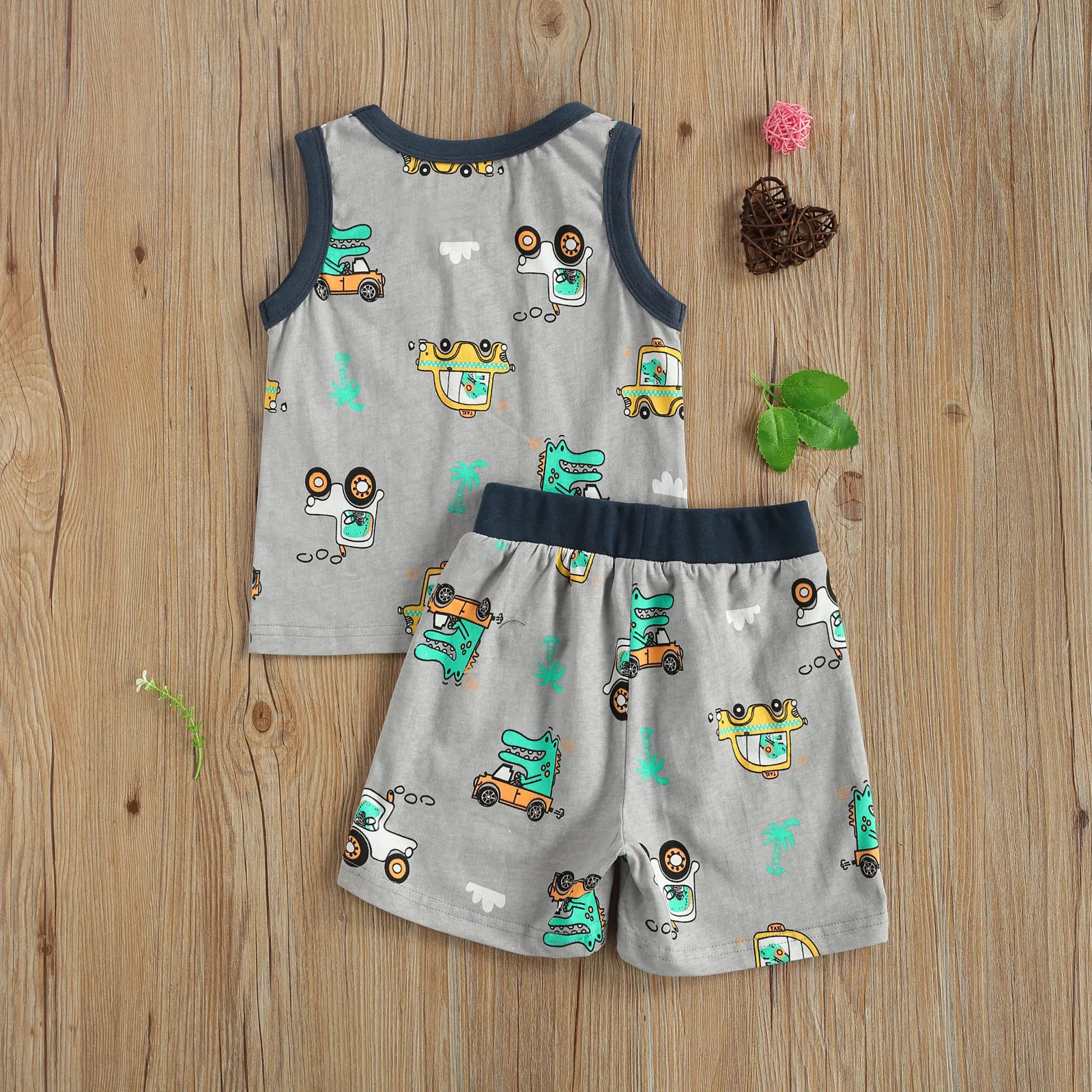 

2021 New Summer 2-7Y Baby Boy Car Dinosaur Cartoon Print 2Pcs Set Pocket Sleeveless Gray Top+Shorts Children Clothes Outfit