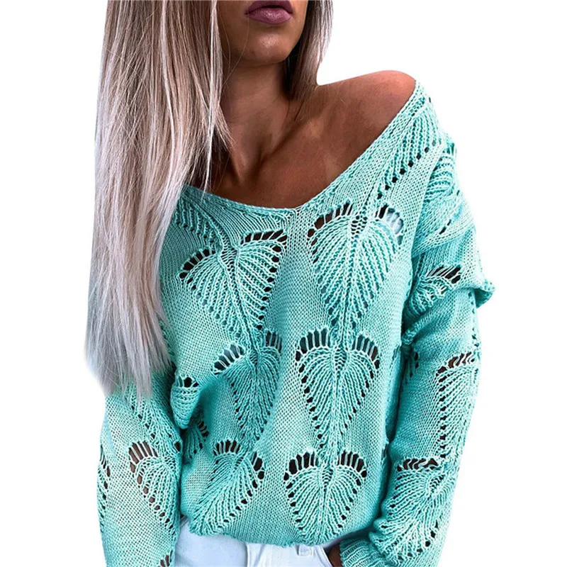 

Sexy Women Spring Autumn Thin Sweaters Hollow Out Design See Through O-Neck Long Sleeve Solid Color Casual Pullovers Knitted Top