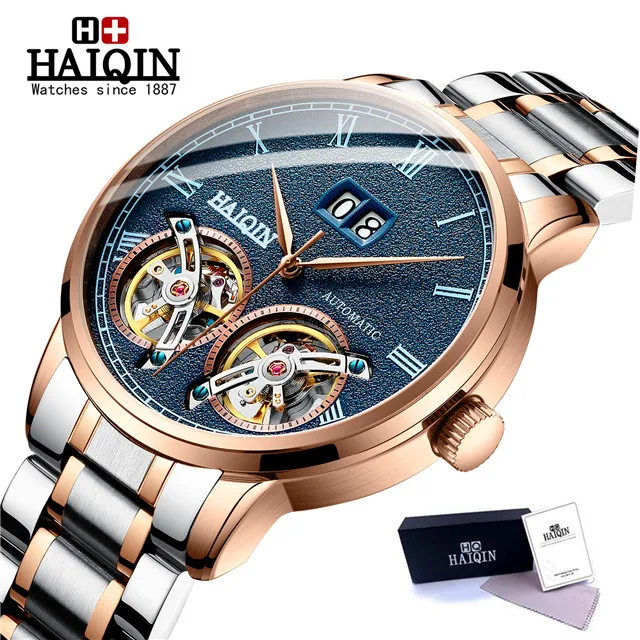 Gold blue Горячая HAIQIN, мужские часы от ведущего бренда, роскошные высококачественные автоматические механические Спортивные часы, мужские наручные часы, Tourbillon часы, Reloj hombres - Цвет: Gold blue