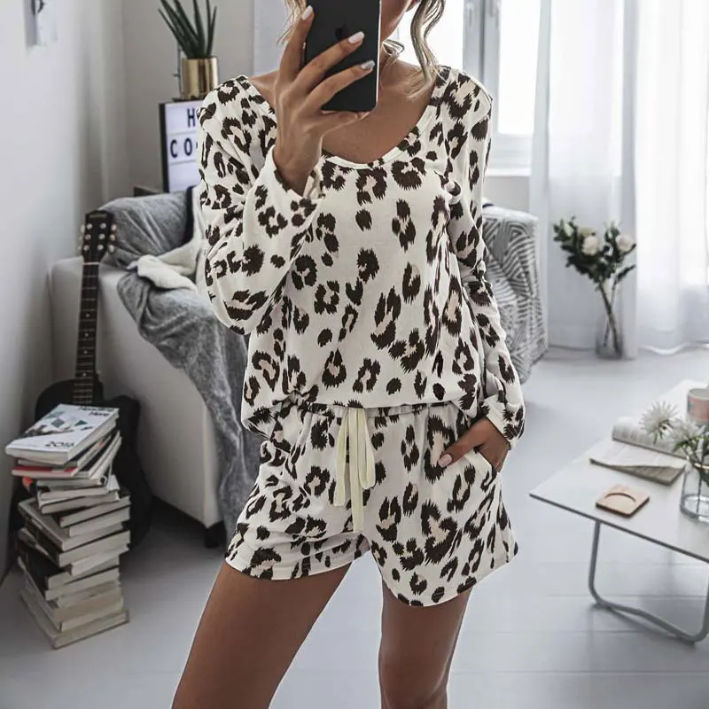 

2021 Autumn Leopard Pajamas Set Women Home Wear Loungewear Pjs Women Pajamas Sleep Wear Homewear Ladies Home Suit