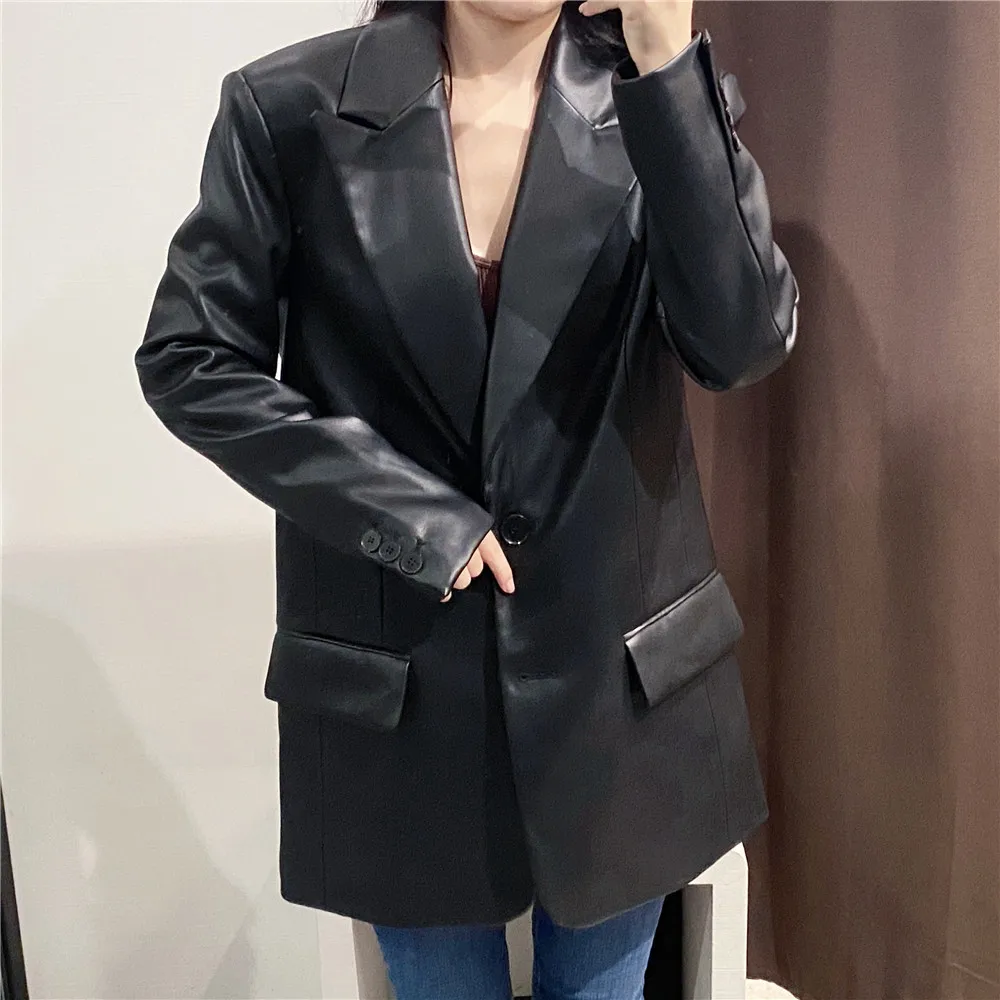 2021 Long Faux Leather Blazers Women Leather Jacket Coat Brand New Women's Jackets Outerwear Ladies Coats Female Leather Suit enlarge