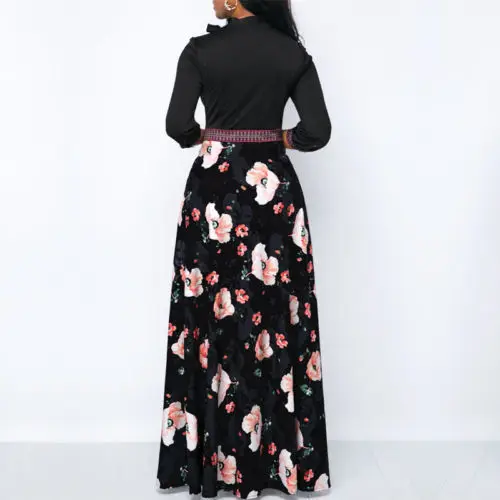 

Women Long Maxi Dresses Bohemia Hollow neck Three Quarter Sleeve Floral Print Ethnic Beach Female Dresses for Women