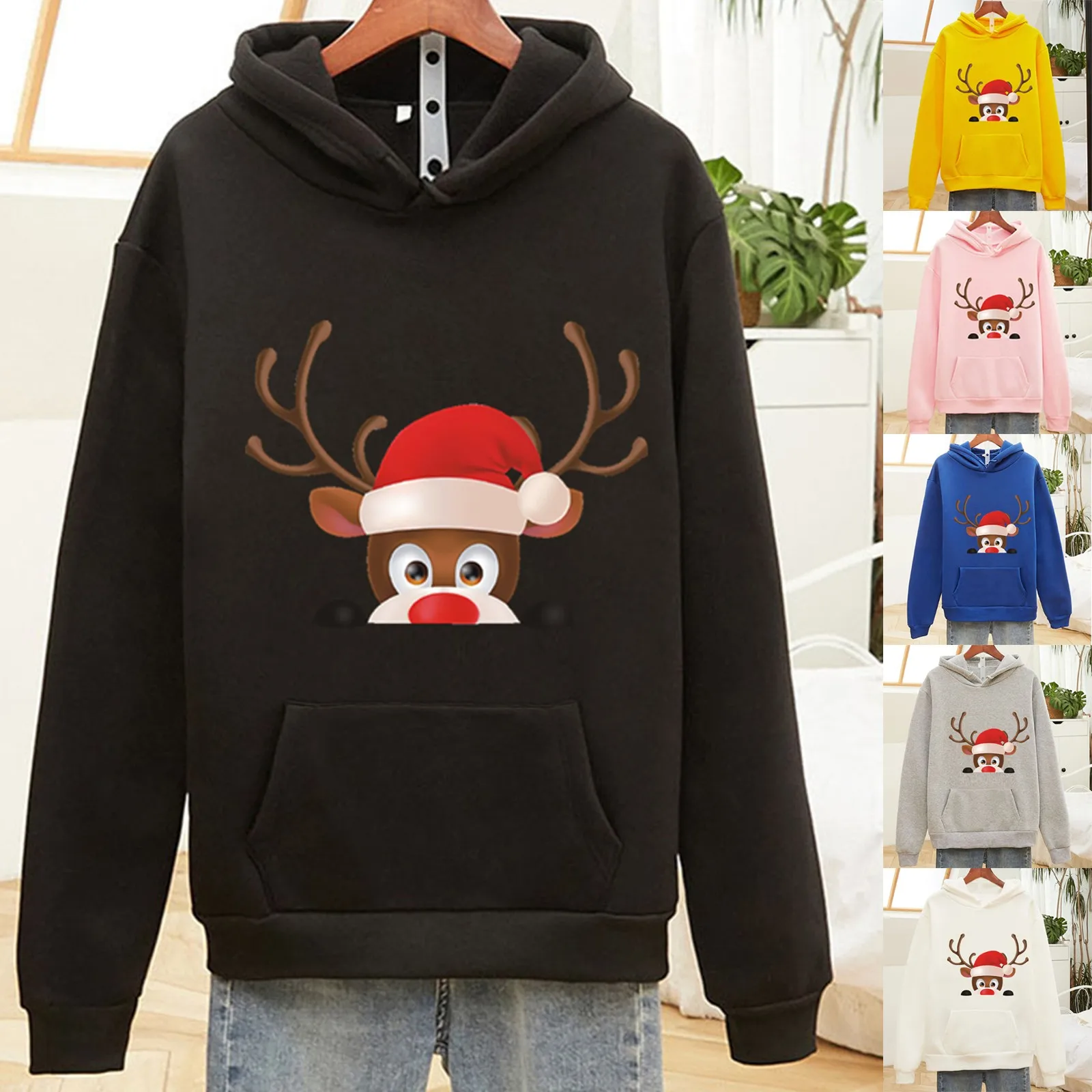 Women Autumn Winter Warm Long Sleeve Hooded Tops  Deer Head Print Hoodie Christmas Sweatshirt Pullover
