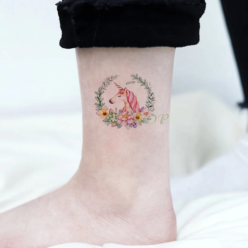 Временная водонепроницаемая наклейка для татуировки с единорогом, цветами и искусством. Фальшивые татуировки для детей, мужчин, женщин и девочек.