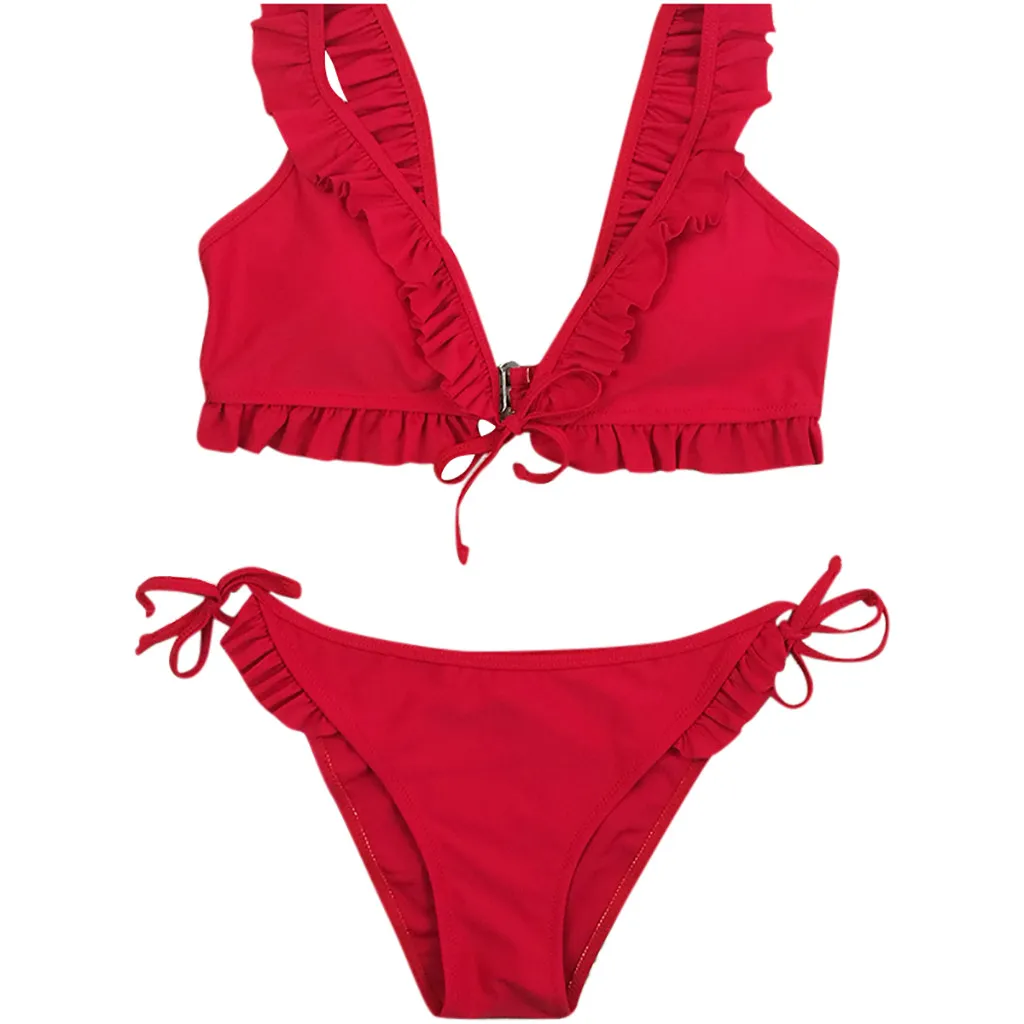 

Red lace Hot Biquinis 2020 Chest Knotted Swimwear Solid Bikini Set High Waist Bathing Suit Push Up Swimsuit For Women Swimwear