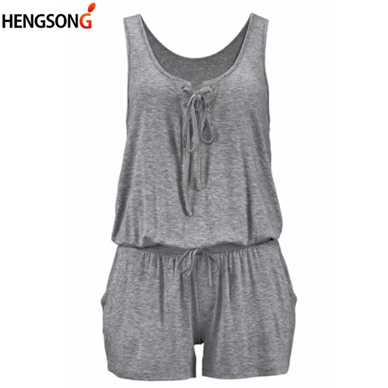 

Solid Summer Playsuit Women's Rompers 2018 New Sleeveless Overalls For Women Lace-up Casual Loose Jumpsuits