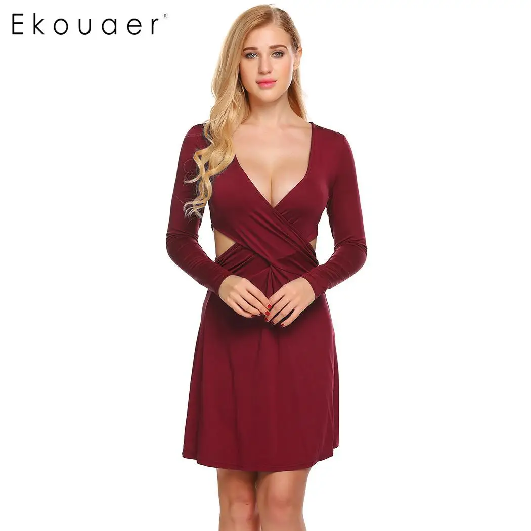 Ekouaer женские Сексуальные облегающие платья Clubewear искусственная обертка v-образный вырез 3/4 рукав Ruched боковая многослойная Повседневная мини-платье