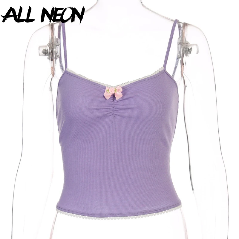 ALLNeon милые летние топы на бретелях-спагетти E-girl однотонные с рюшами и бантом