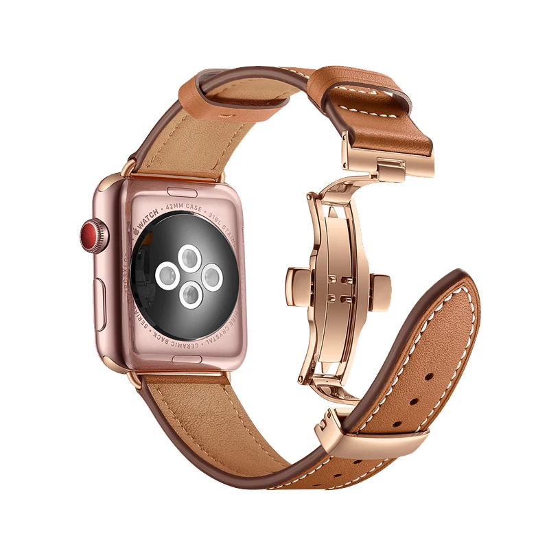 Ремешок из натуральной кожи для apple watch 5 4 3 браслет band 42 мм 38 44 40 с пряжкой бабочкой
