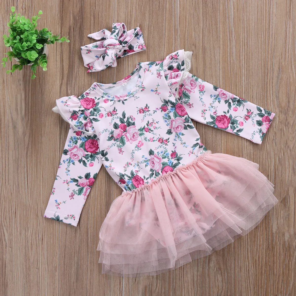 Newborn Toddler Baby Girl clothes set Floral fly sleeve Tutu Lace Dress Clothes+headband outfit clothes set