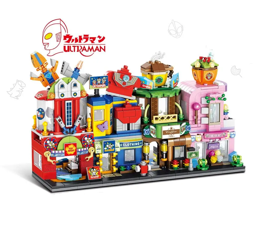 

City Street View Building Blocks Ultraman Mobile Tank Clothing Coffee Dessert Shop Model Bricks Set Toys for Children Boys GIft