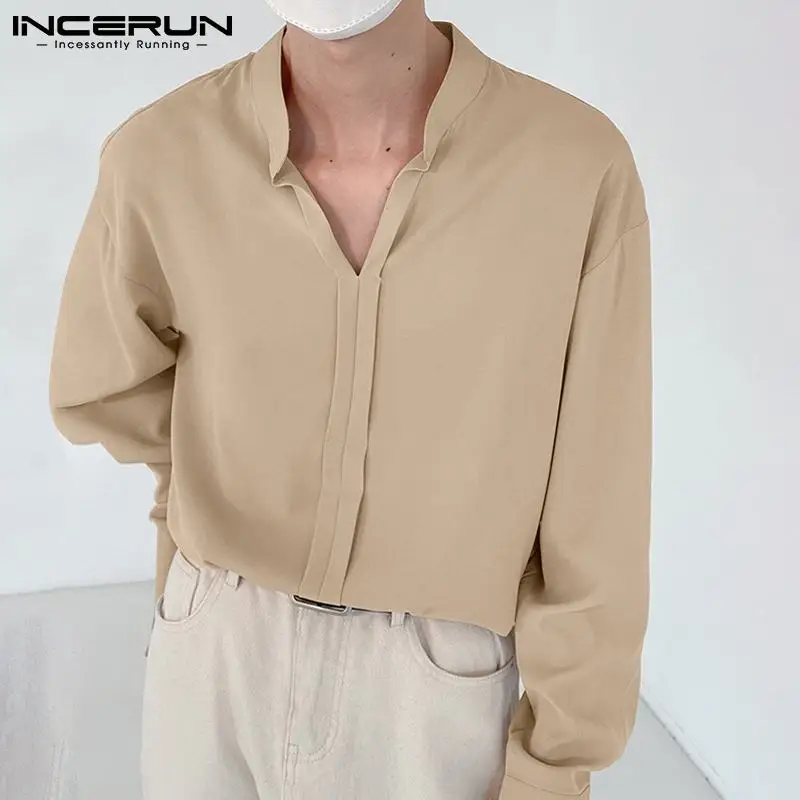 Fashionable Casual New Men's Tops 2021 Stand-up Collar Blouse Male Long-sleeved Party Nightclub Buttonless Shirt S-5XL INCERUN