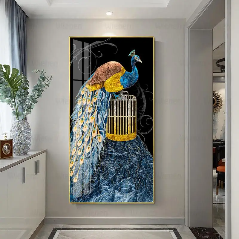 

Blue Gold Peacock Canvas Painting Scandinavian Animal Poster Modern Decorative Pictures Wall Art for Porch Aisle Home Room