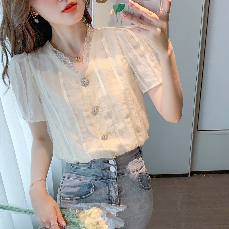 

Korean Fashion Summer Chiffon Women Shirts Lace Short Sleeve Women Blouses Ladies White Womens Tops and Blouses