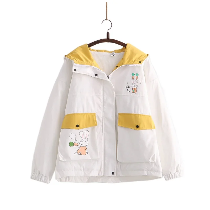 

Women Hooded Quilted Coats Cartoon Rabbit Print Warm Coats Harajuku 2021 Winter Long Sleeve Ladies Cotton Liner Jackets Outwears