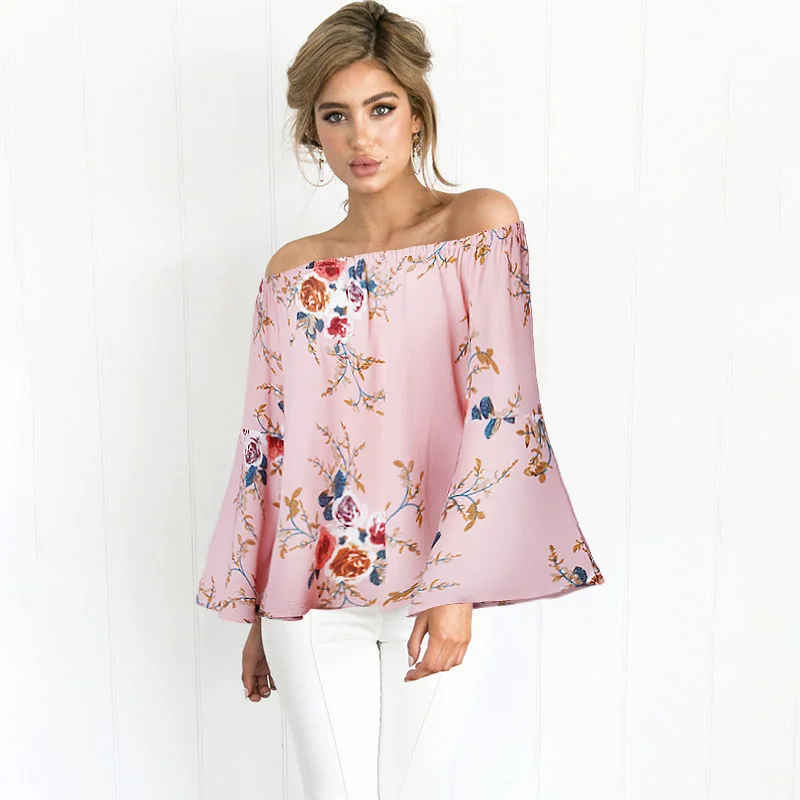 

Summer Women T Shirts Tops Vintage Printed Floral Slash Neck Blouse Shirt Flare Sleeve Lady Chiffon Blouses Polyester Sexy Tees