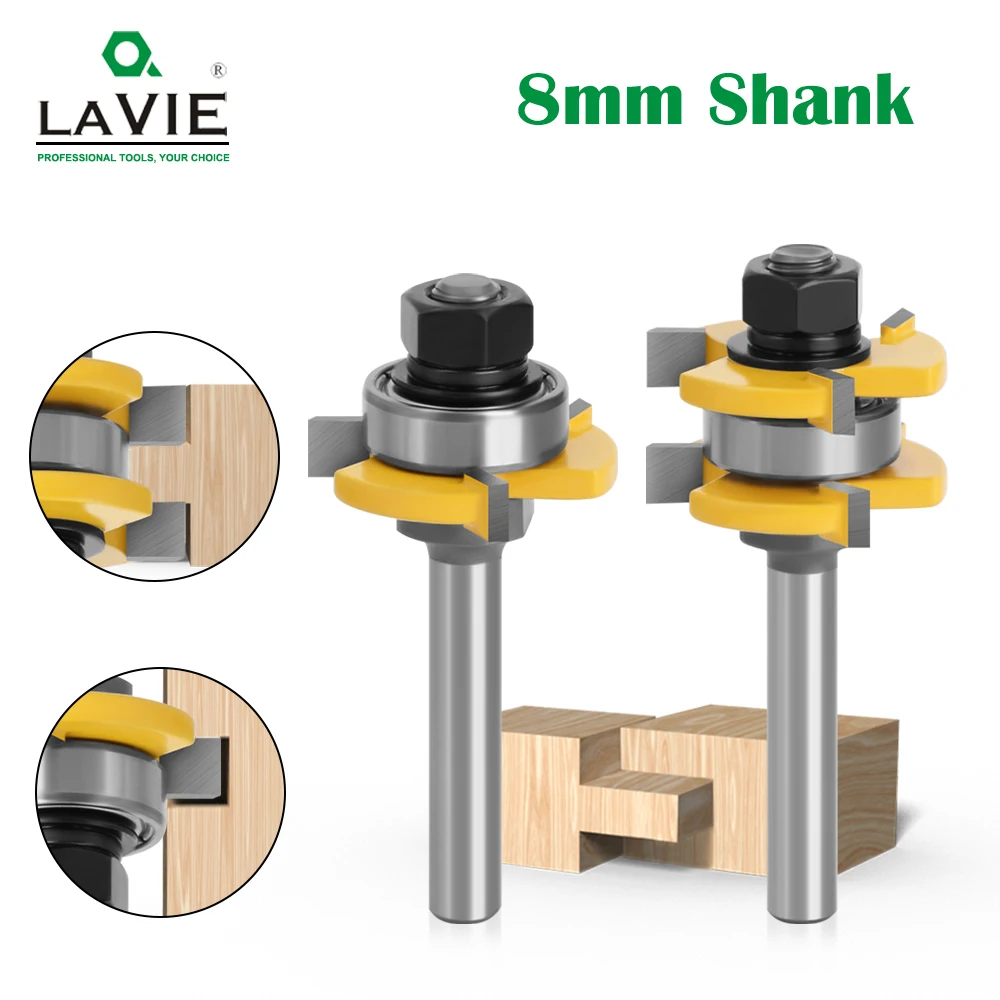 LAVIE 2pcs 8mm Shank Joint Assemble Router Bits Tongue & Groove T-Slot Milling Cutter for Wood Woodwork Cutting Tools MC02121