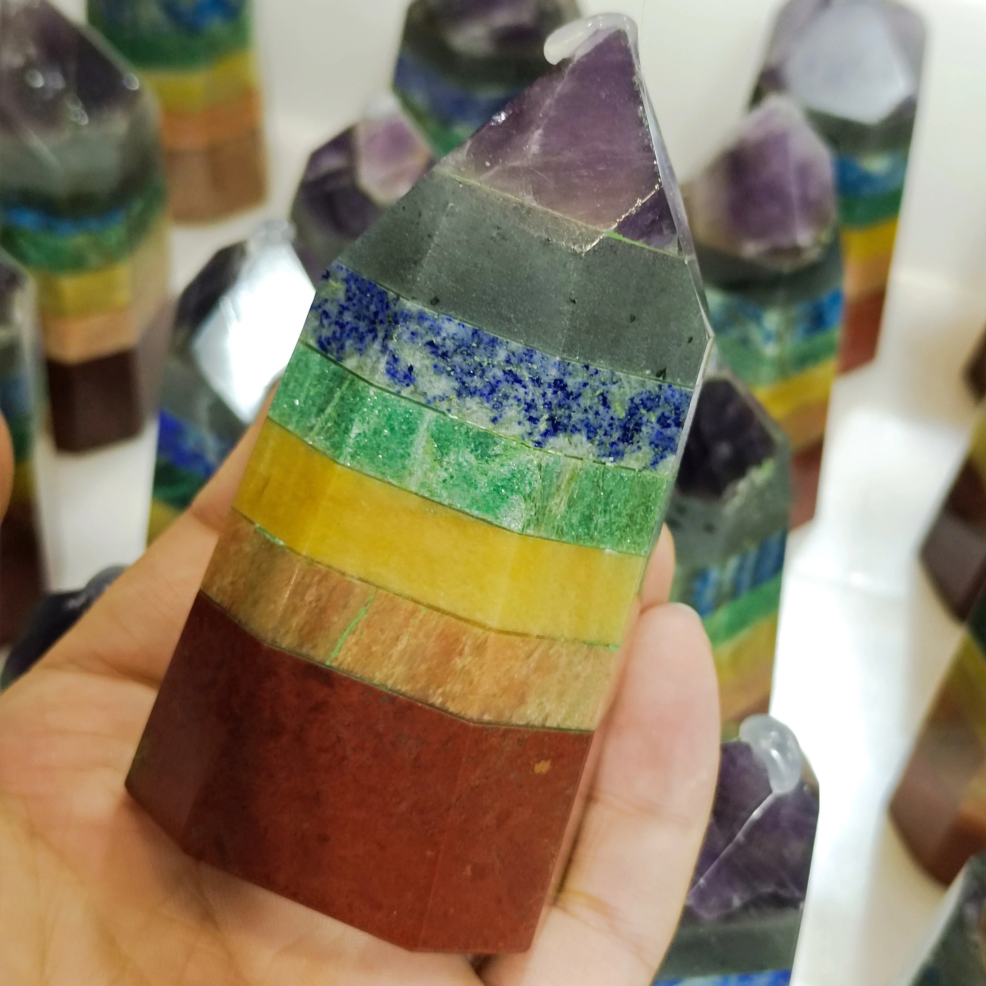 

1pc Natural crystal synthesis Hexagonal column Colorful Pillars Amethyst lapis lazuli green yellow crystal etc Reiki healing