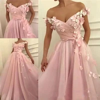 2020 off the shoulder pink flowers evening dresses with 3d floral appliques beading front split prom dress party gown