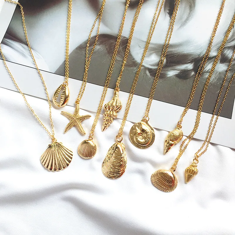 

2021 New Fashion Gold Color Alloy Cowrie Shell Necklace for Women Conch Chain Pendant Necklace Summer Jewelry Starfish Collar