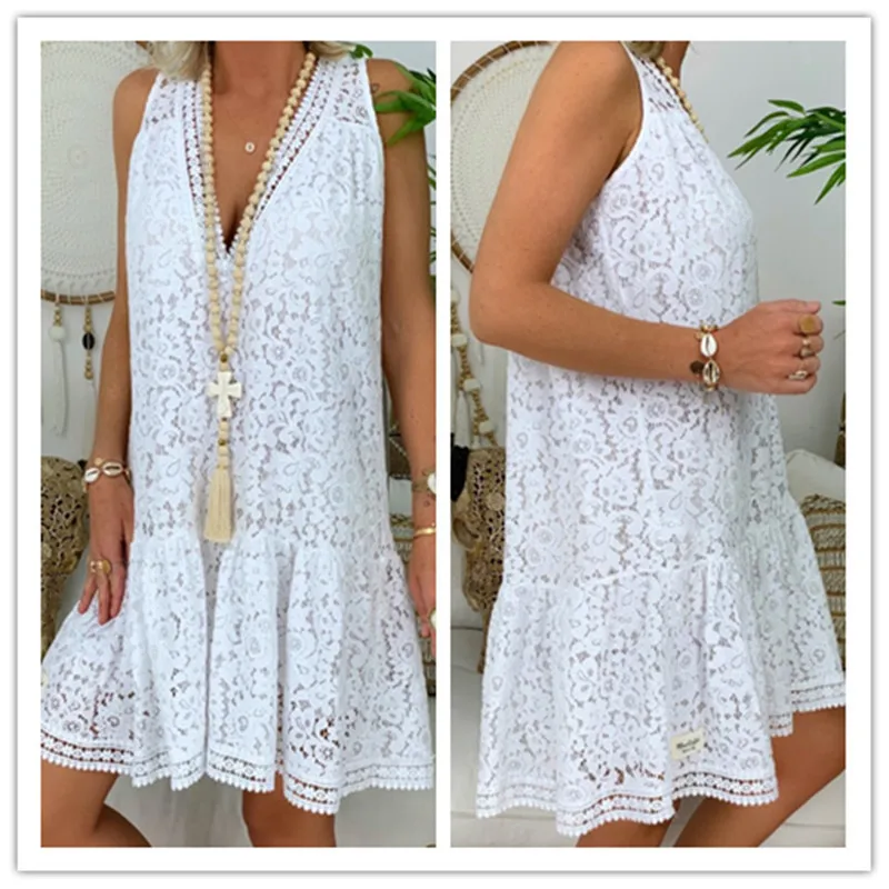 

Summer New Style Female Lotus Leaf Loose Sleeveless Lace V-neck Lace Dress