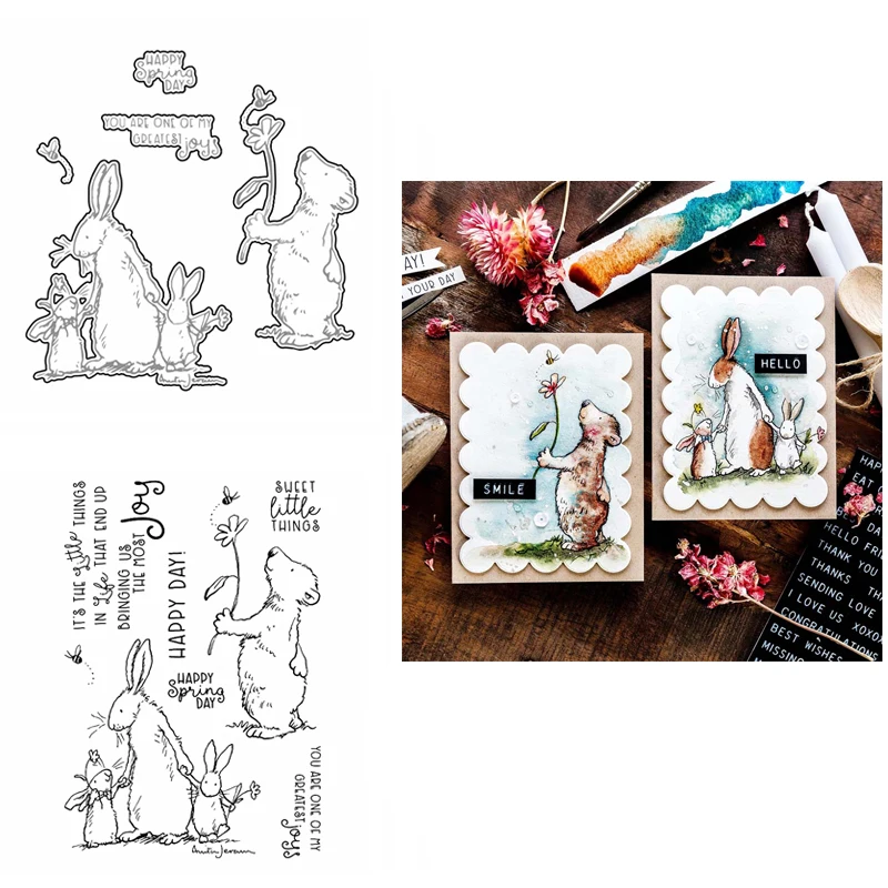 

2pcs/lot Happy Day Bear, Mommy Bunny & Babies Stamp Set and Coordinating Dies for DIY Scrapbooking Photo Album Card Making