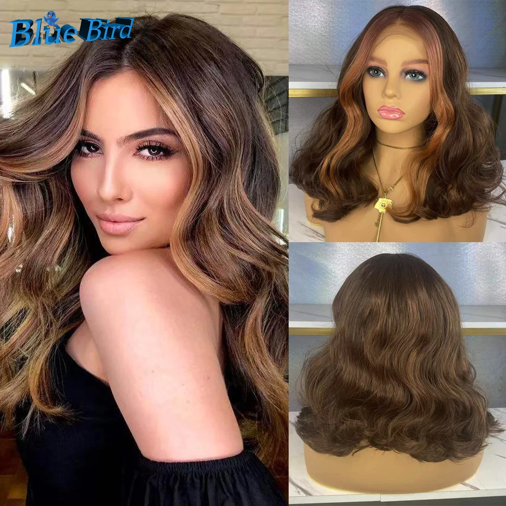 BlueBird Short Wavy Baylayage Highlights 13x4 Futura Synthetic Lace Front Wigs For Women Heat Resistant Glueless Short Hair Wig