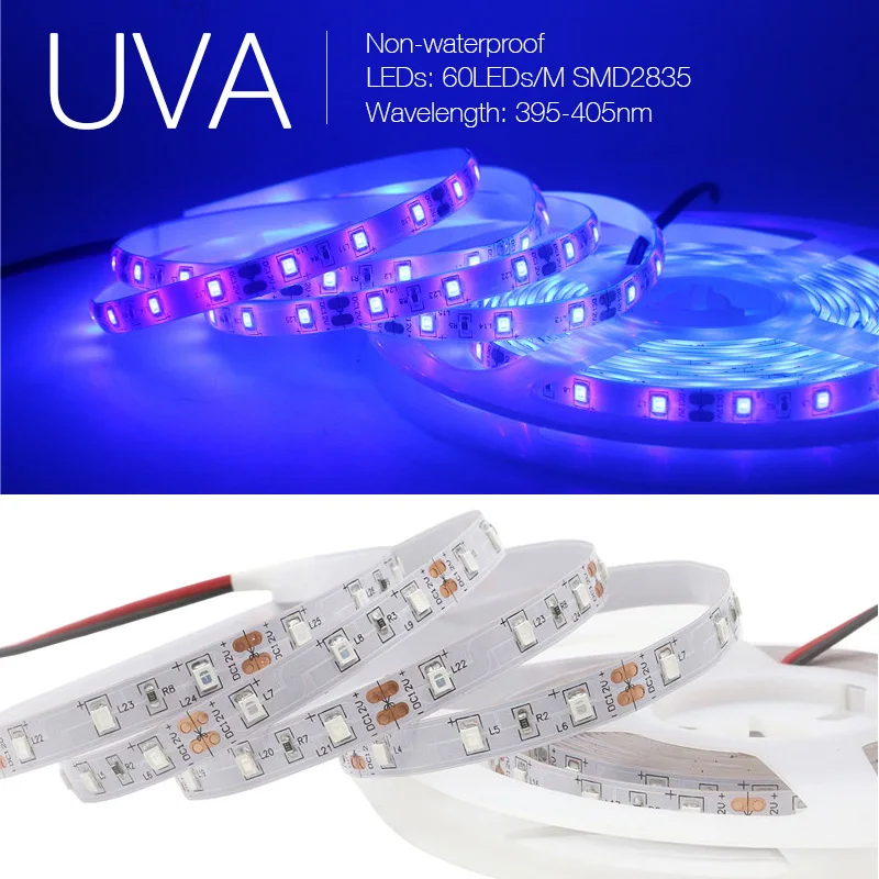 UV Led Strip 12V UVA Light 395-405nm SMD2835 60LEDs/m Ultraviolet Ray LED Diode Ribbon Purple Tape Lamp for Party