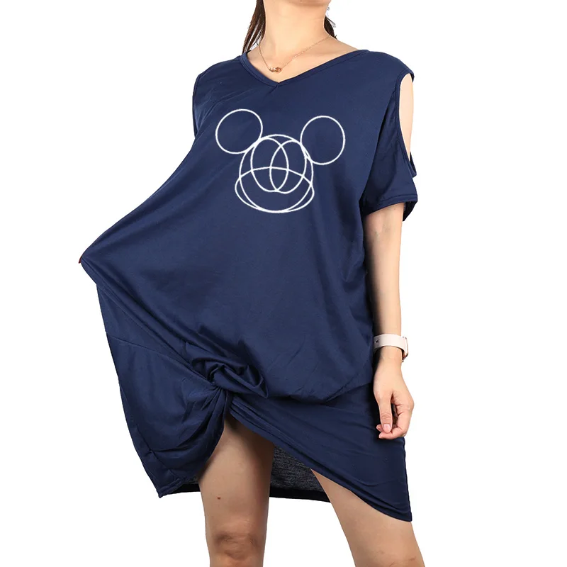 

Dresses Disney Mickey Mouse Printed Robe Short Sleeve Knotted Vestido V-Neck Leakage Shoulder Hollow Female Casual Summer Robes